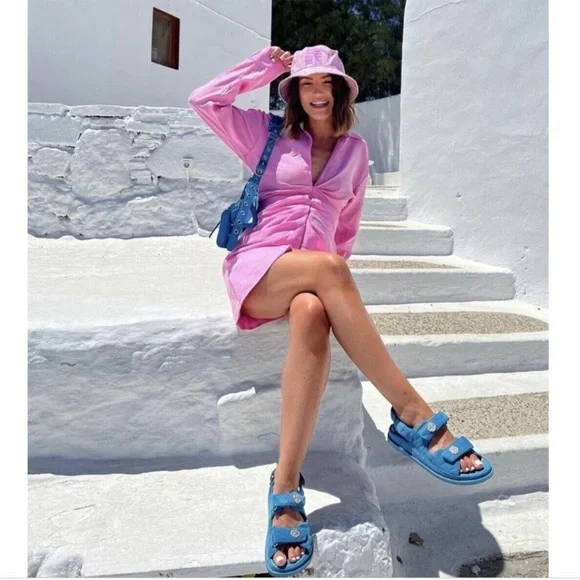 Zara long sleeves pink v neck mini dress — collared blazer style ruched detail - Picture 6 of 10